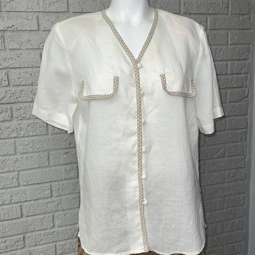 Tess Women White 100 % Linen Button Down Shirt With Tan Trim Size 6